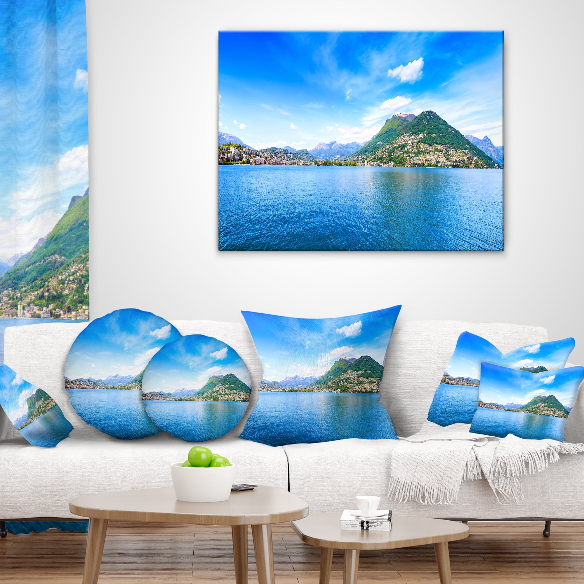 Designart Lugano Lake Ticino Panorama - Seashore Throw Pillow - 18x18