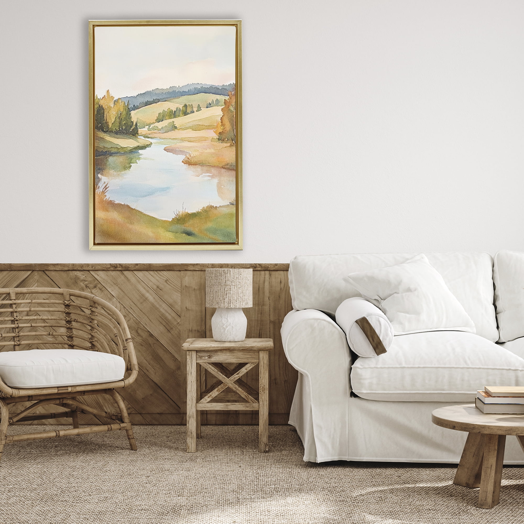 Stupell Industries Serene Watercolor Lake Escape Gold Framed Floater Canvas Wall Art, design by Petal Prints Design