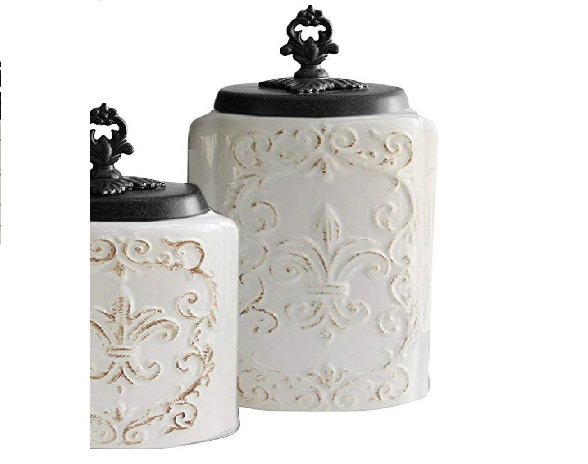 American Atelier, Round, White Antique Ceramic Kitchen Canister Set of 3, 60.5oz, 74.5oz, 84.5oz