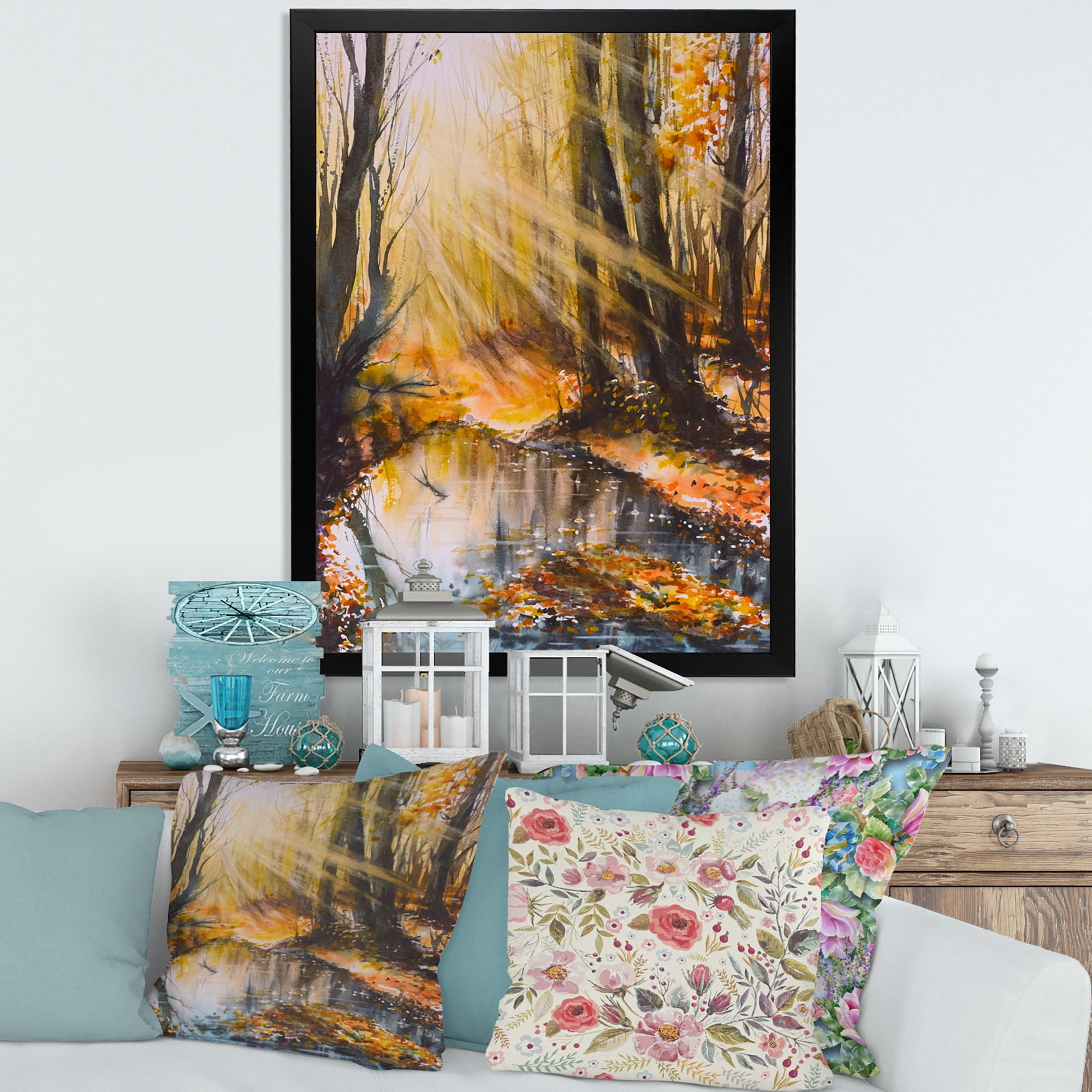 Designart 'Bright Sunshine Through The Brown Forest Trees' Lake House Framed Art Print
