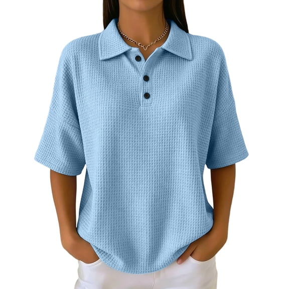 Women's Waffle Polos Shirts Short Sleeve Henley T Shirt Summer Casual Loose Tops, M