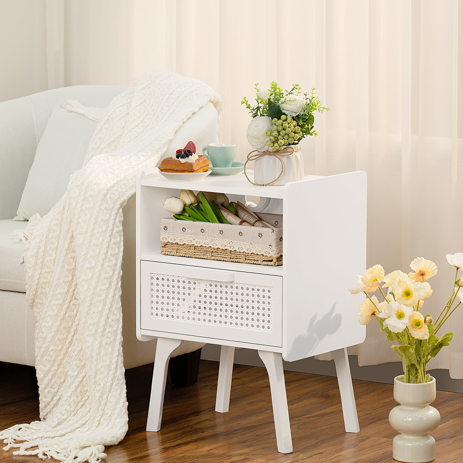 Farmhouse Nightstand with Storage Shelf & Drawer Bedside Tables End Table for Bedroom Modern Wood Side Table Living Room,White