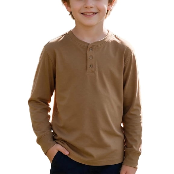 OGLCCG Boys Henley Shirt Long Sleeve 3 Button Crewneck Fall Tees Casual Pullover Top for School(Coffee,7-8 Years)