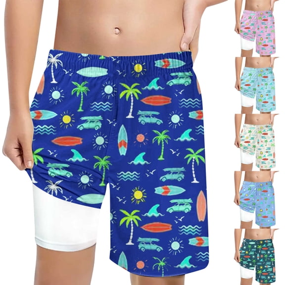 ibiyuan Boys Swim Trunks with Compression Liner Boy Swim Suit Drawstring Board Shorts Quick-Dry Funny Print Swim, Surf, Beac