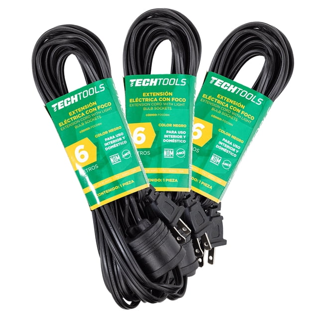 Paquete de 3 Extensiones Eléctricas con Portalámpara, de Color Negro, de 6 Metros. Clavija de 1.31 mm, 127 V, 60 Hz, 13 Amps. CNX FOCO6N