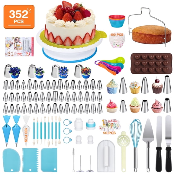 Cake Decorating Supplies Kit, 352 Pcs Cake Decorating Kit with 48 Numbered Piping & 6 Korean Tips,Cupcake Decorating Kit for Beginners,Cake Baking Supplies with Non-slip Rotating Turntable,Plastic