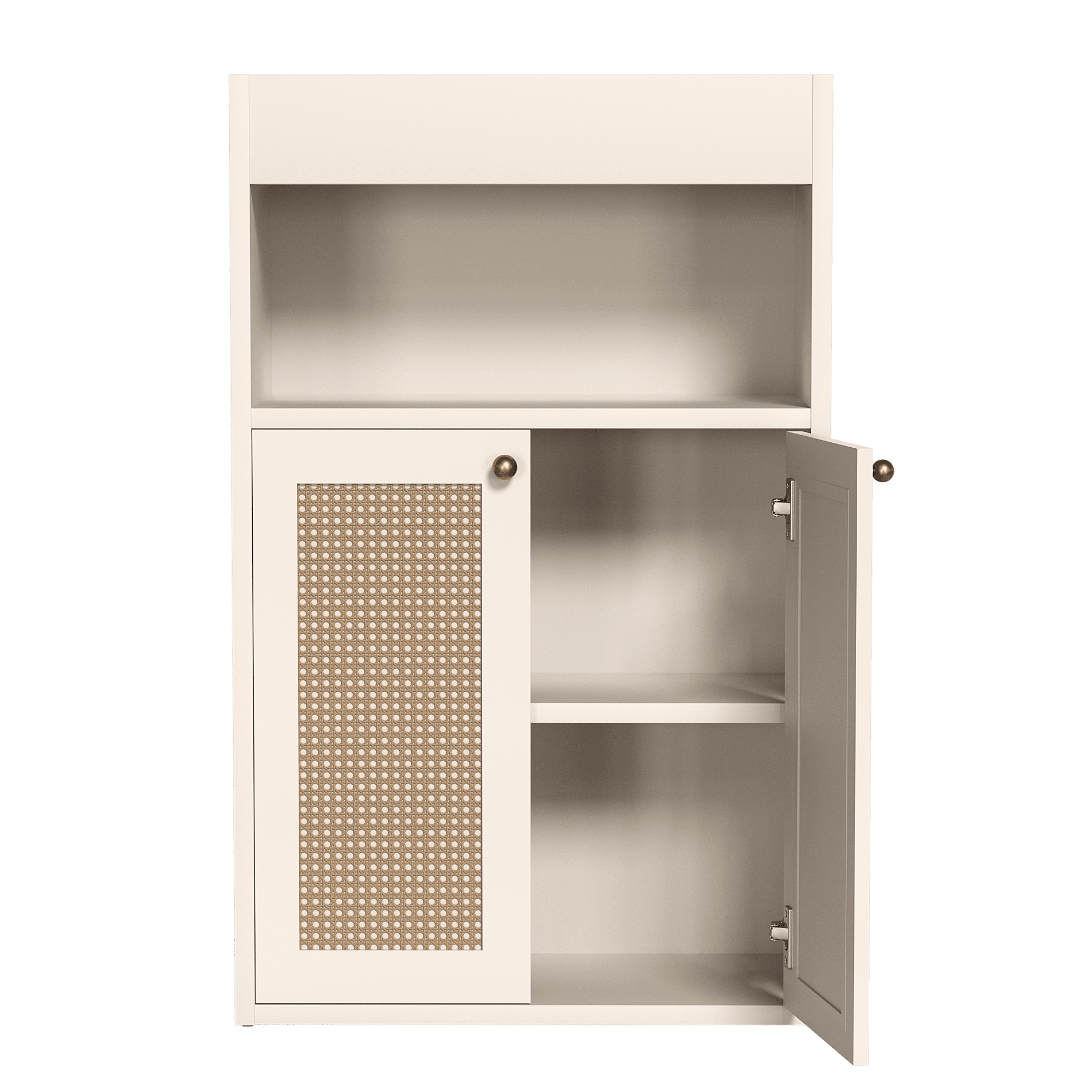 Mintazer Bathroom Floor Storage Cabinet, Freestanding Stroage Shelf Organizer with 2 Rattan Doors, Adjustable Shelf & Open Storage, White