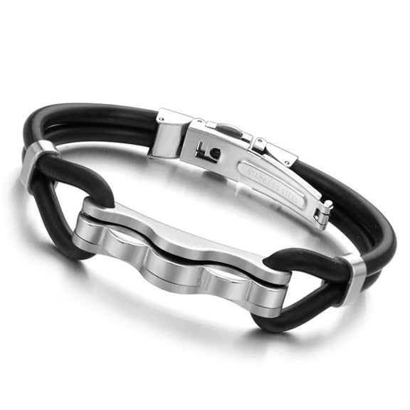 KATGI Men Fashion Stainless Steel Black Genuine Silicone Twisted Bracelet