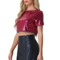 thumbnail image 4 of INSPIRAR CHIC Blusa de Mujer con Lentejuelas Brillantes de Manga Corta Cortada Cuello Redondo con Flecos para Fiesta de Cóctel Top Brillante XL Rosa Oscuro, 4 of 6