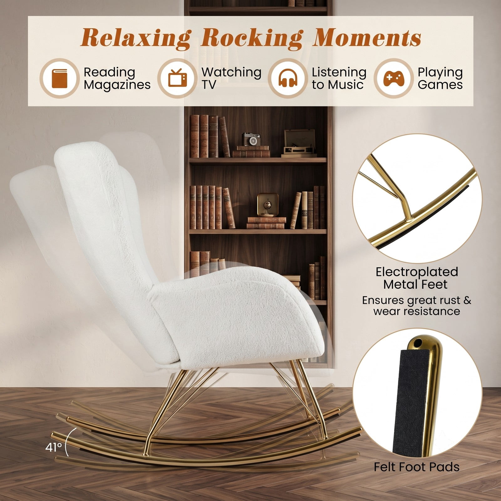 Furnibear Nursery Rocking Chair with Curved Backrest and Armrests, Upholstered Teddy Fleece Glider Rocker with Metal Legs for Living Room Bedroom Nursery, 330, White