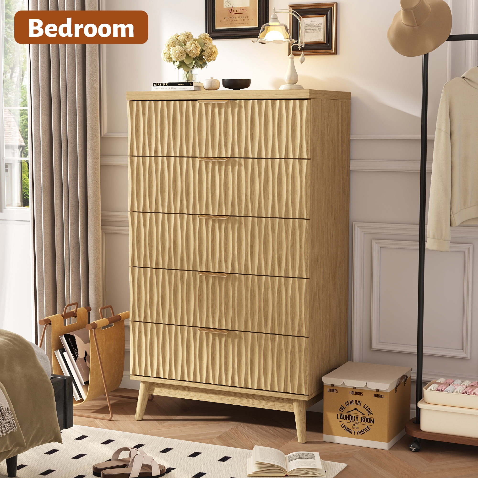 5 Drawers Fluted Dresser for Bedroom, 47" H Modern Chest of Drawers with Elegant Wave Design, Wooden Tall Dresser Closet Clothes Storage Organizer with Metal Handle for Living Room, Hallway, Entryway
