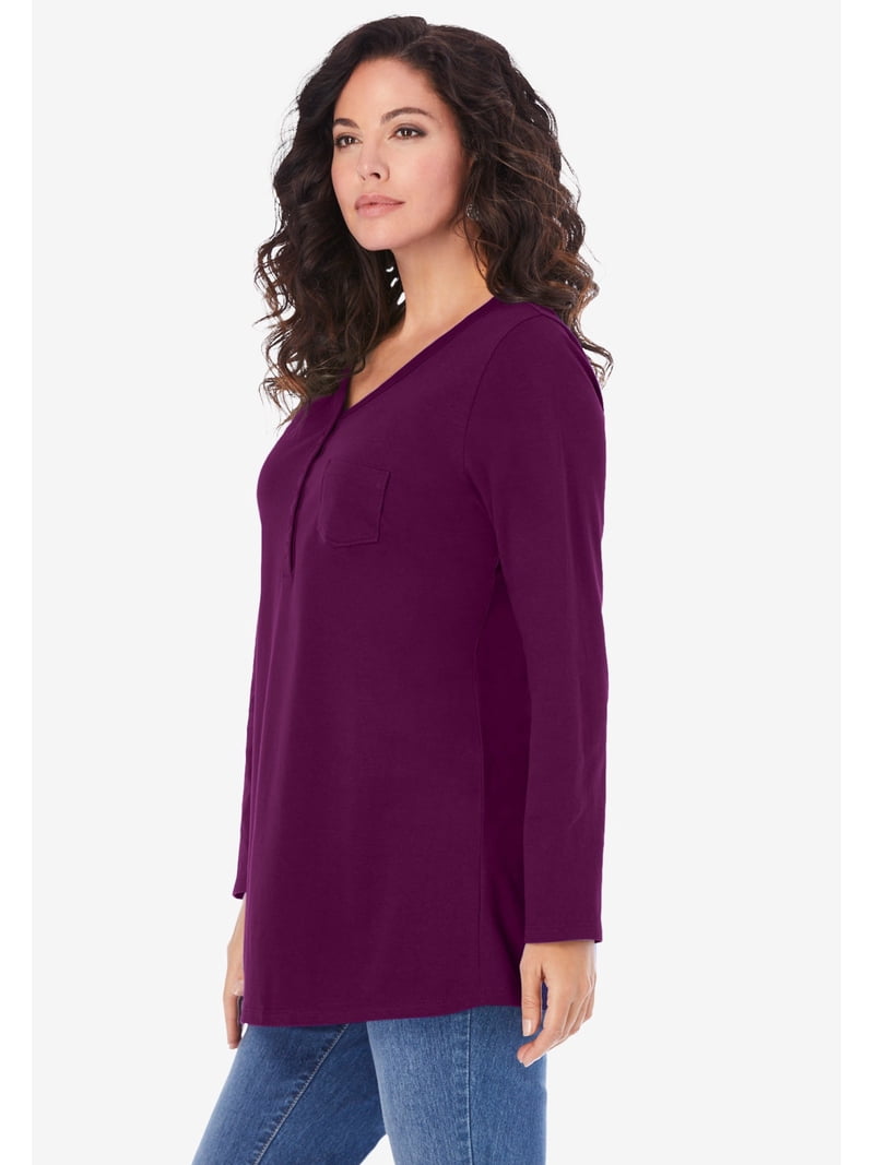 Roaman's Women's Plus Size Long Sleeve Sweetheart Henley Tee