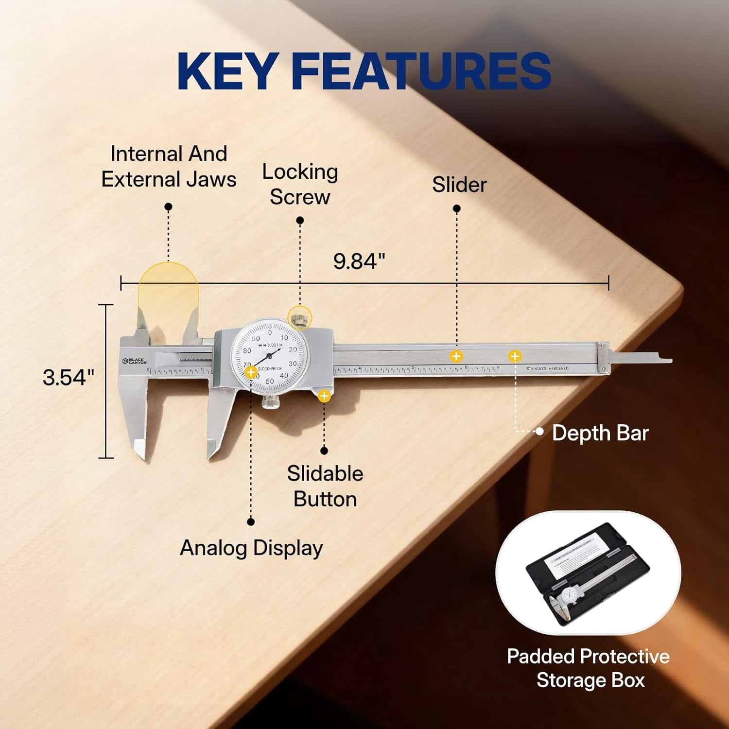 6" Dial Caliper, 6 Inches Measurement, Caliper Measuring Tool, 0.001 inch fine Graduation, 4-Way Measurements, Hardened 4R13 Stainless Steel, Ideal for DIY/Household
