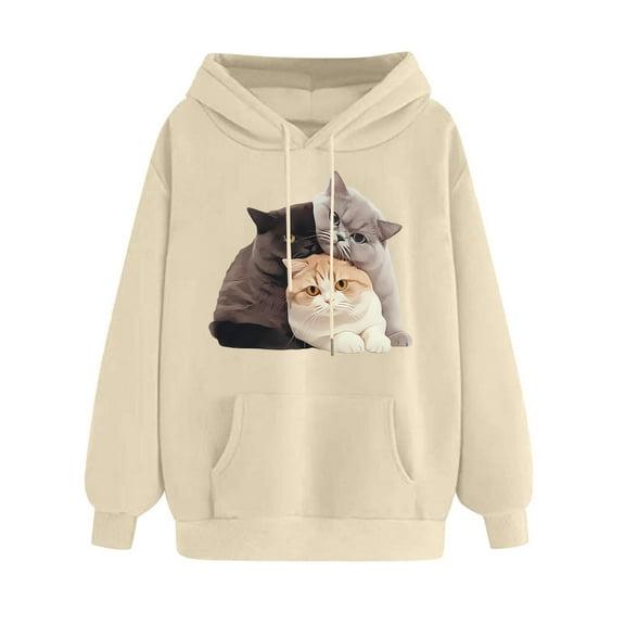 BYOIMUD Womens Fall Winter Oversized Hoodies Sweatshirts Animal Lover Long Sleeve Tops Pockets Cat Print Comfy Clothes