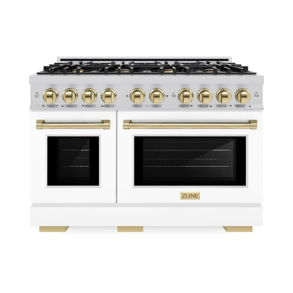 ZLINE Autograph Edition 48 in. 6.7 cu. ft. Double Oven Gas Range with 8 Burner Cooktop in Stainless Steel with White Matte Doors and Polished Gold Accents (HGRZ-WM-48-G)