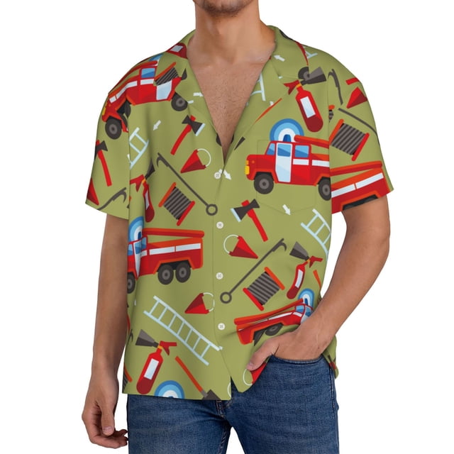 Balery Cartoon Fire Truck Camisa Casual de Manga Corta con Botones para Hombre, Texturizada, Estilo Cubano, para Playa, Verano-Large