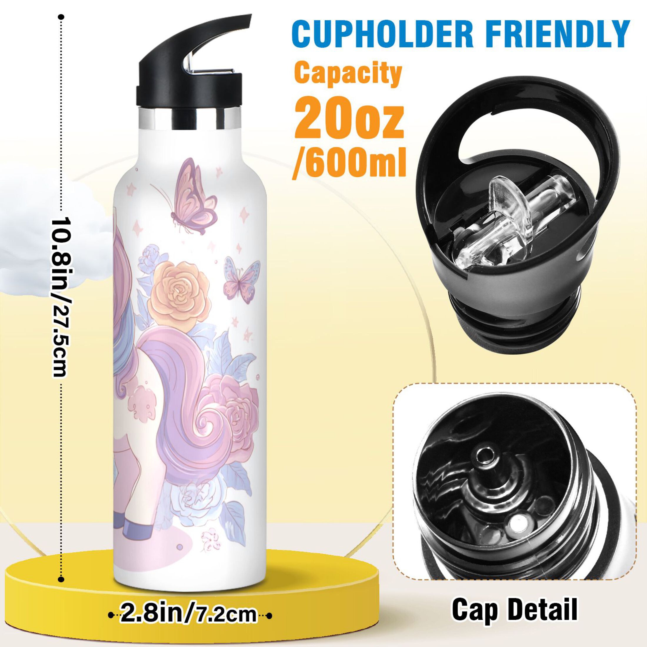 Kids Insulated Stainless Steel Sports Water Bottle 600ml (20oz) Pastel Colors Unicorn