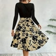 thumbnail image 4 of IROINNID Long Sleeve Dress for Women Mid-Length A-Line Dress Round-Neck Print Patchwork Knee-Length Dress,Khaki, 4 of 7
