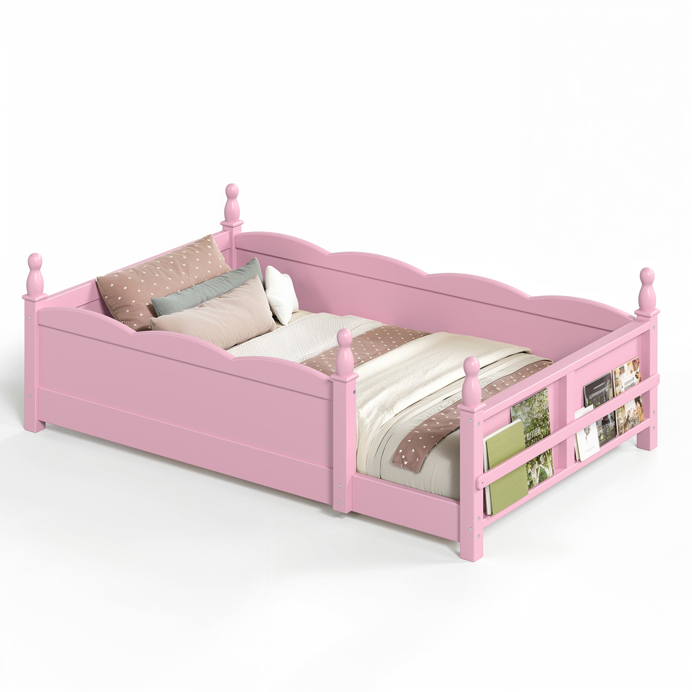 GDF Studio Twin Size Montessori Floor Bed with Guardrails & Side Bookshelf, Childlike Design, Pink