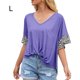 thumbnail image 1 of Camiseta de mujer con estampado de manga corta con cuello en V Top suelto trenzado de verano, azul, L AweSitey AP001233-07, 1 of 7