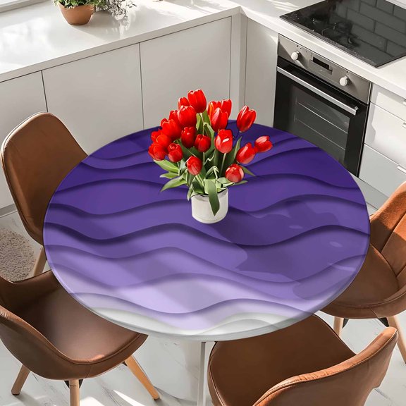 Abstract Stripes Elastic Fitted Round Tablecloth Ocean Waves Purple Ombre Waterproof Outdoor Table Cover for Holiday Party, Picnic, Patio & Dining Fits Tables Up to 36"-44"