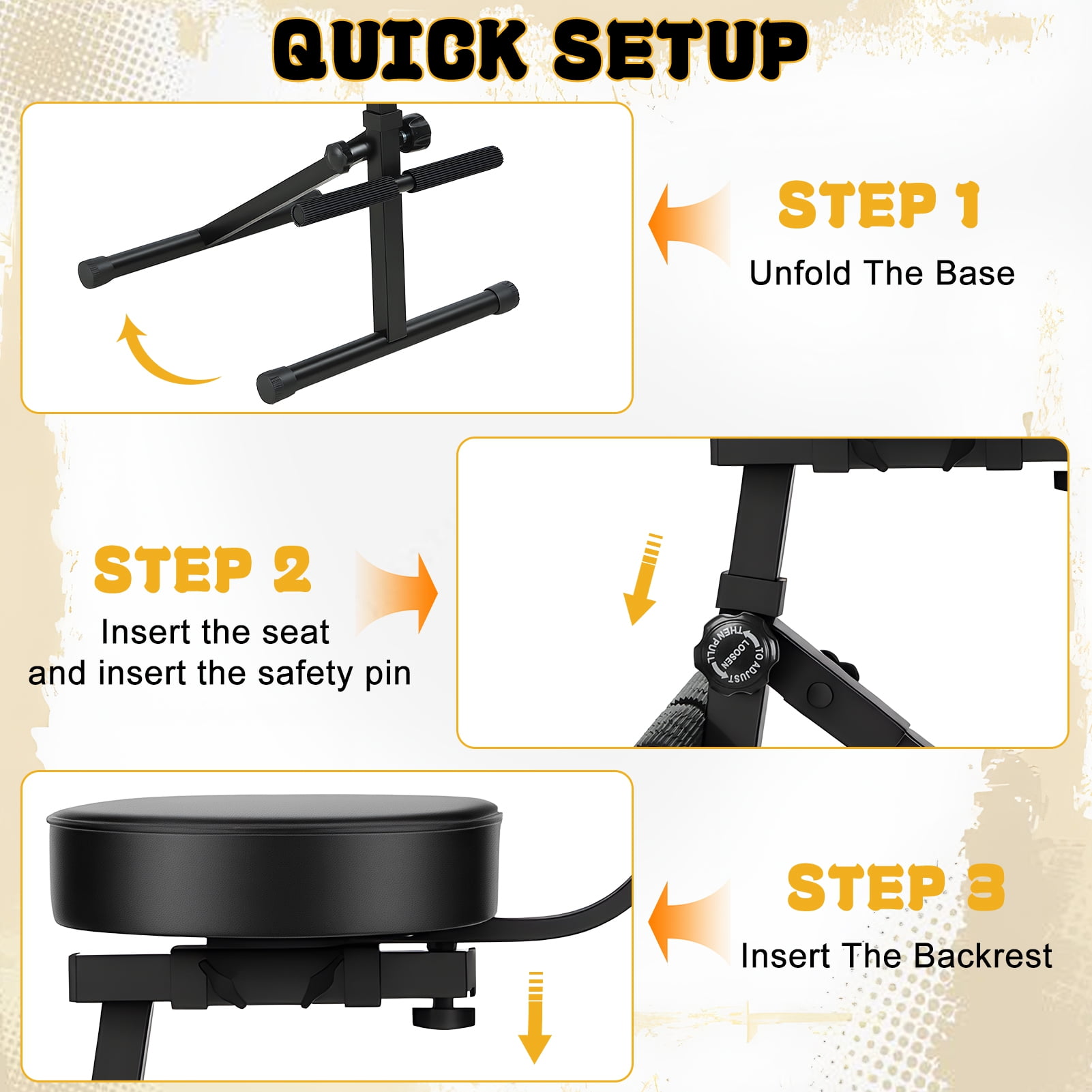 Adjustable Guitar Stool with Built-in Guitar Hook, Folding Chair with Backrest & Footrest, for Acoustic/Electric Guitar, Bass, Home Studio, Gig