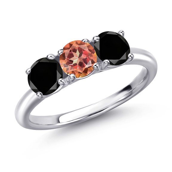 Gem Stone King 925 Sterling Silver Ecstasy Mystic Topaz and Black Diamond Engagement Ring for Women | 2.10 Cttw | Round 5MM | Gemstone November Birthstone | Size 7