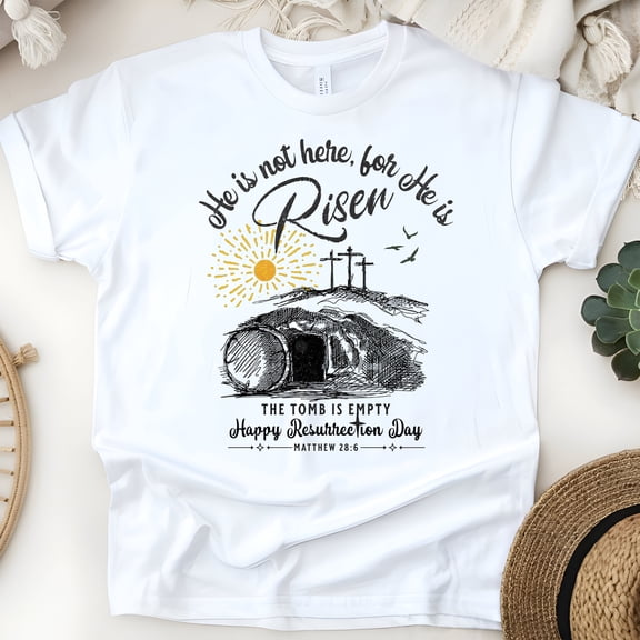 Christian Resurrection T-Shirt – He Is Risen, Empty Tomb Graphic Tee, Matthew 28:6, White, Size S