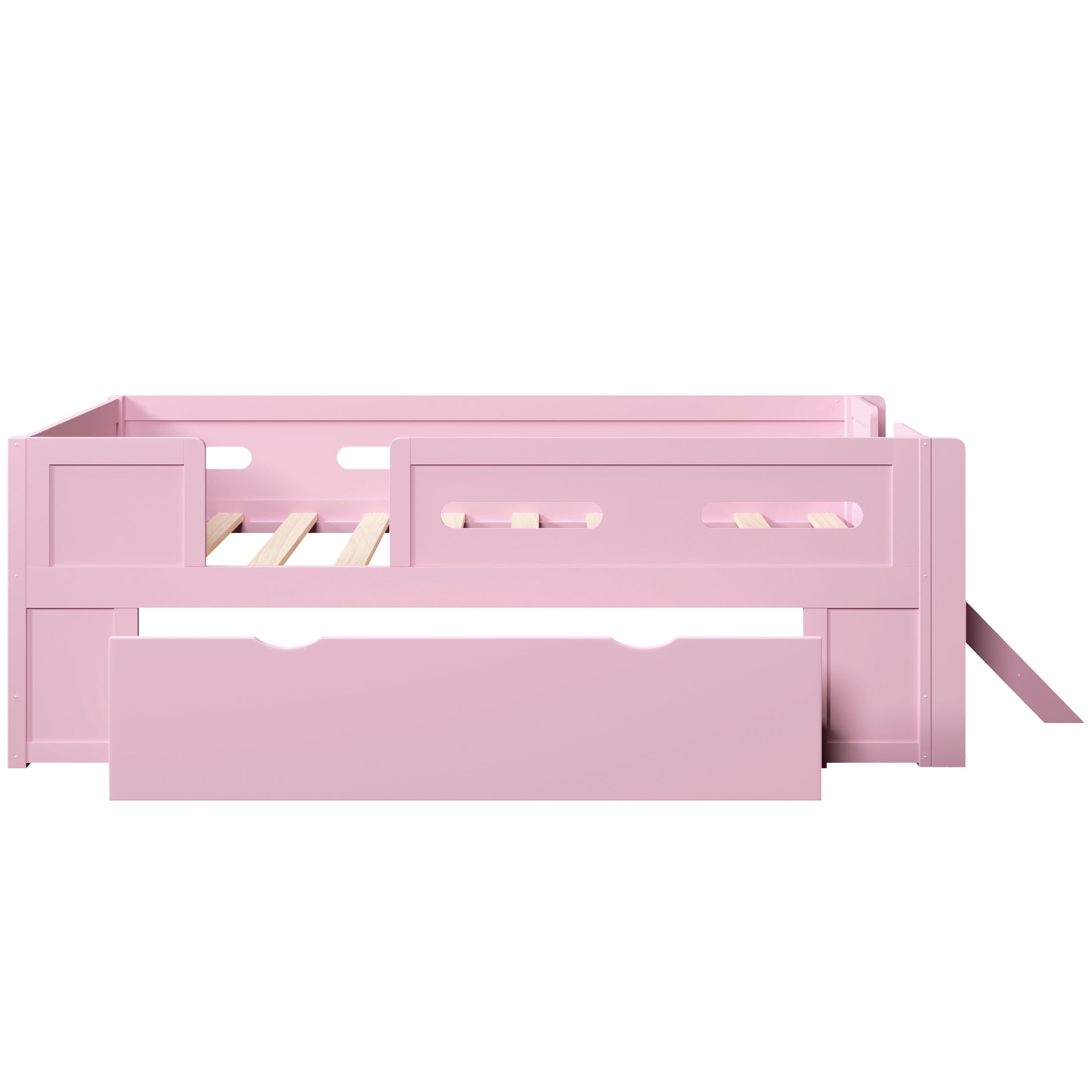 Noble House Genrix Twin Size Pine Wood Platform Bed with Guardrail and Storage Drawer, Kids Bed Frame, Pink