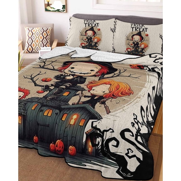 Halloween King Size Down Alternative Comforter, Lightweight Comforter Quilt Bedding Set with Pillow Shams Trick Or Treat Children Pumpkin Black Branches Bed Comforter Duvet Insert 96"x106"