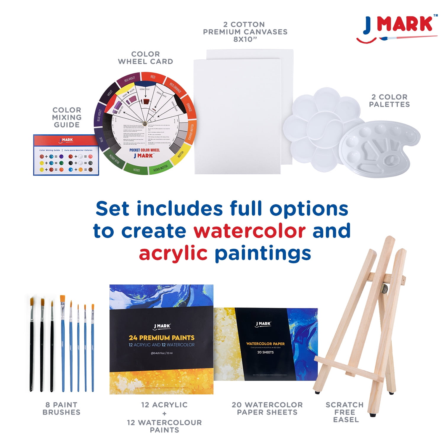 J MARK Acrylic & Watercolor Painting Kit – Complete Painting Set with Watercolor Kit, Acrylic & Watercolor Paint Tubes, Wood Easel, Watercolor Paper, Canvas Painting Kit & More