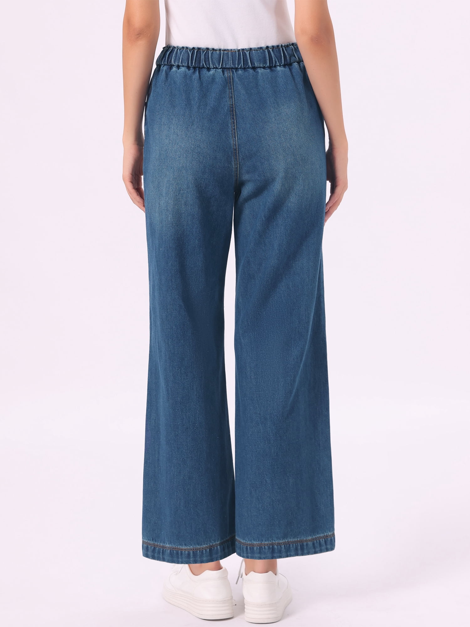 DARING DIVA Women's Trendy Elastic Waist Wide Legs Drawstring Jeans M Retro Blue
