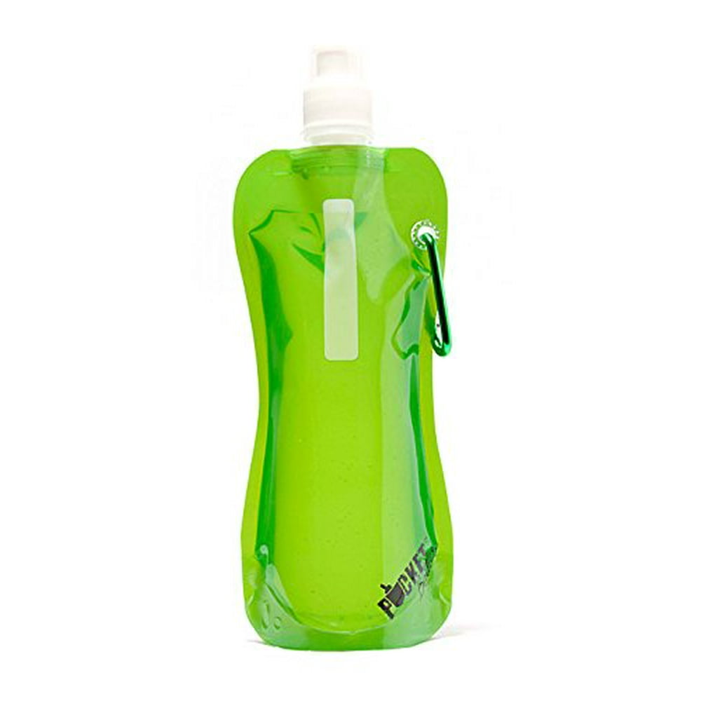 Pocket Bottles Foldable Pocket Water Bottle w/Carabiner, 16 oz, Green