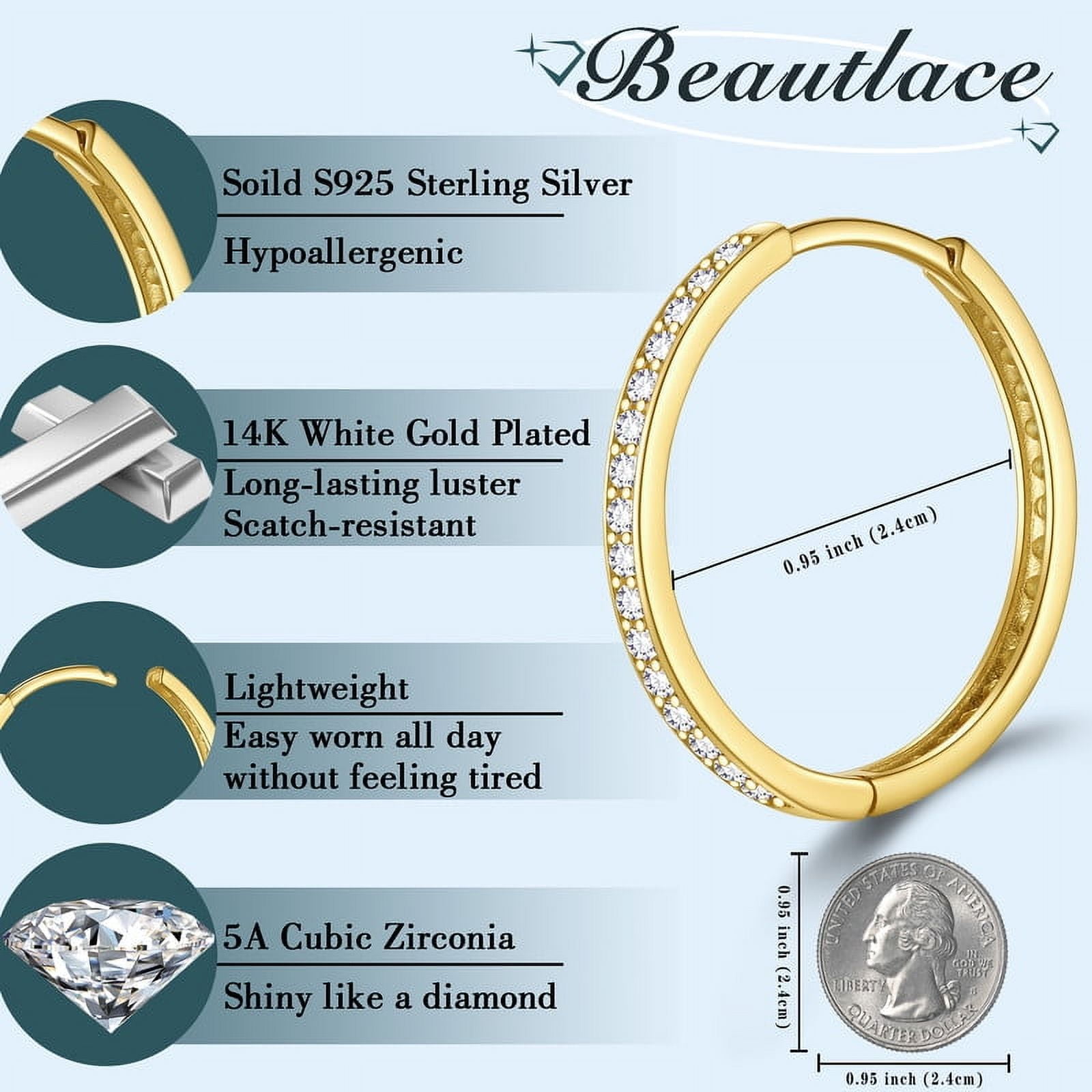 Beautlace 14k Gold over 925 Sterling Silver Hoop Earrings for Women, 24mm Classic Earrings Hoops with 5A Cubic Zirconia Christmas Birthday Jewelry Gift for Her