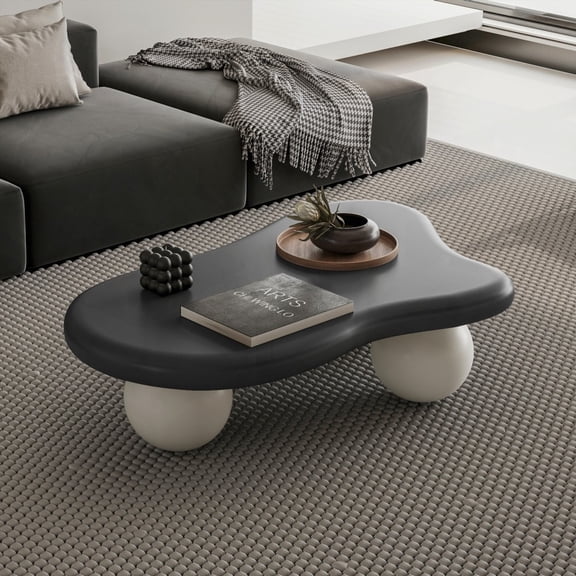 Living Room's 40 Inch Cloud-Shaped Coffee Table with 3 Ball & Black/White Legs, Easy to Clean and Space-Saving.