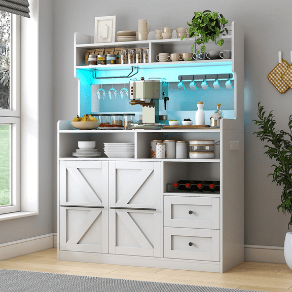 HAUXITIO Farmhouse Coffee Bar Cabinet with LED Lights,Coffee Station with Wine Rack & Glass Holder for Kitchen,Dining Room,White