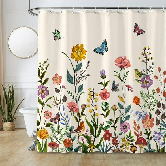 Vintage Floral Shower Curtain, Retro Pretty Colorful Butterfly Birds Flower Fabric Decorative Shower Curtains with 12 Hooks for Bathroom Beige 72 ×72 Inch