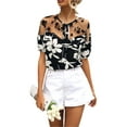 thumbnail image 1 of Liacowi Women Junior Casual Blouse Short Sleeve Flower Printed Mesh Patchwork Romantic Tops, 1 of 7