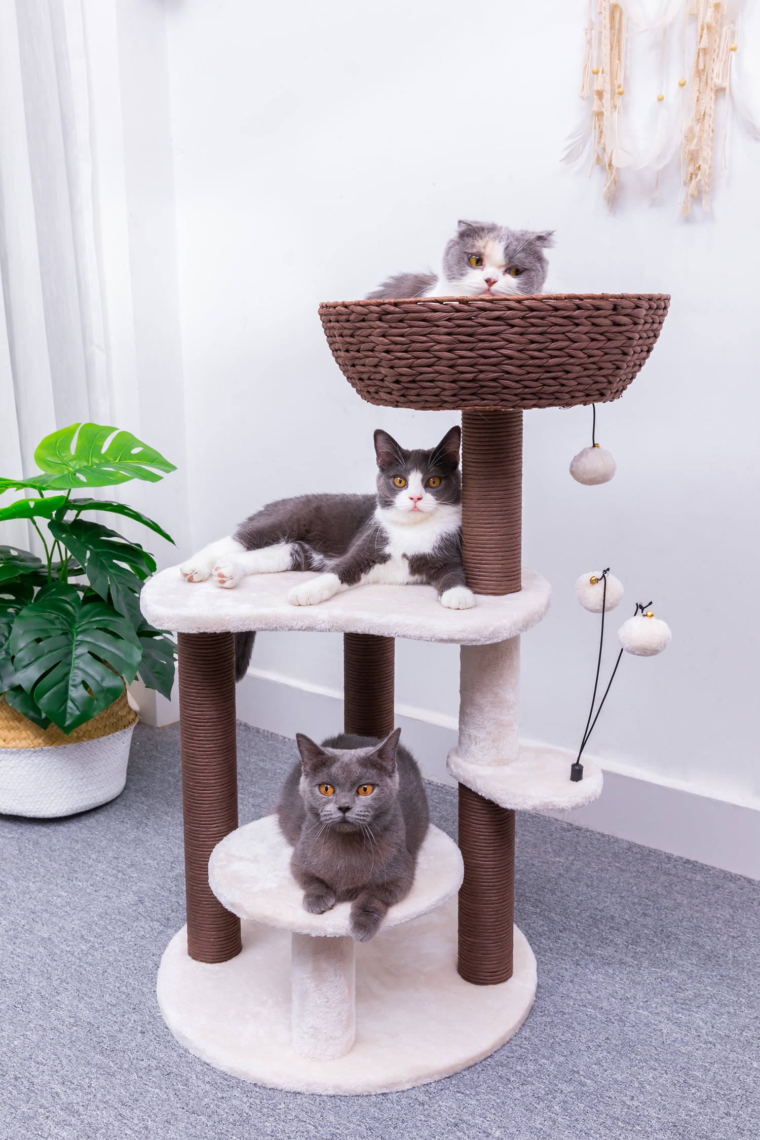 PetPals 35"H 5-Lvl Cat Tree with Handwoven Nest Bed Plush Pads and Paper Rope Scratching Posts