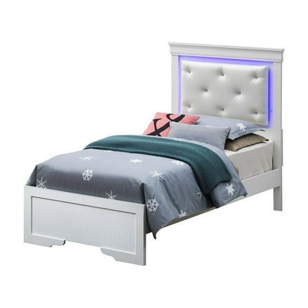 Champagne Twin Bed with Jeweled Tufted Headboard & Accent Lighting -Bedroom Furniture