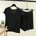 thumbnail image 2 of MGDXOX Women's 2 Piece V Neck Short Sleeve Top & Ruffle Hem Shorts Pajama Set Soft Loungewear Sleepwear Black XL, 2 of 5