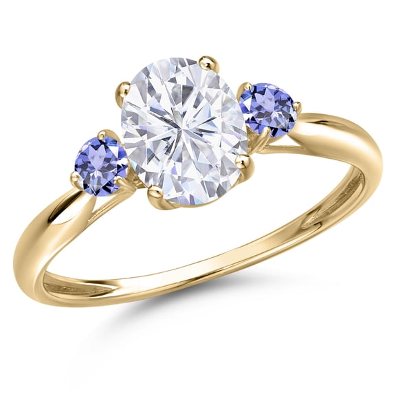 Gem Stone King 10K Yellow Gold White Moissanite and Blue Tanzanite 3-Stone Ring for Women | 1.80 Cttw | Oval 8X6MM | Gemstone Birthstone | Size 7