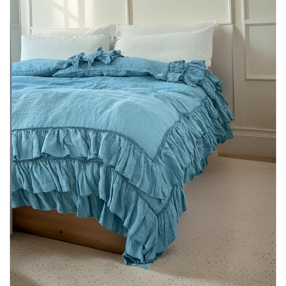 Pavish Export Ruffle Cotton Duvet Cover Set In Sky Blue Natural Stonewashed Cotton Wedding Duvet Cover Set 2 Pillow Twin