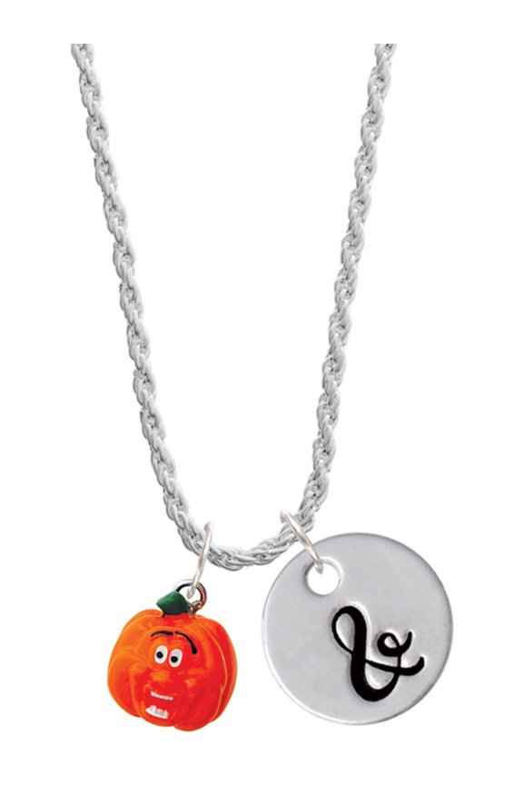 Resin Funny Ahh! Pumpkin Silvertone Script Initial Disc - & - Charm Necklace, 20"+3"