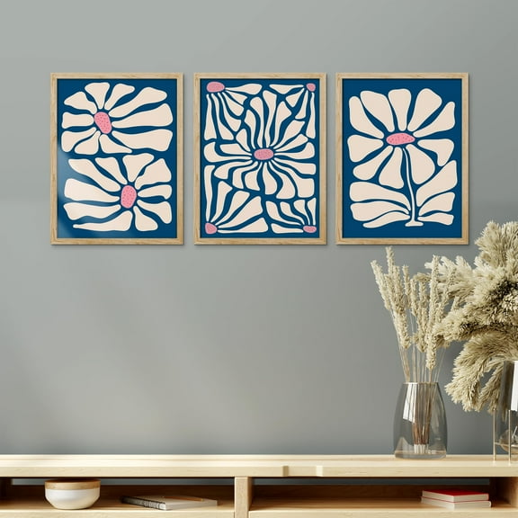 PixonSign Framed Canvas Print Wall Art Set - Navy Blue Blush Pink Daisy Poster Art - Set of 3 Nature Wilderness Mid-Century Modern Floral Botanical Wall Décor for Living Room - 12"x16"x3 Natural