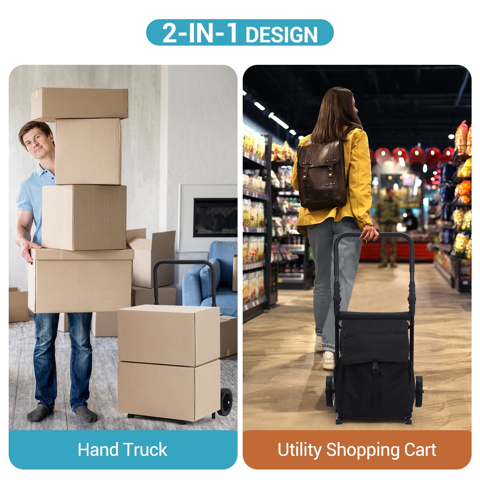 2-in-1 Collapsible Grocery & Utility Cart, 32.5 Gal Removable Waterproof Bag, Heavy-Duty Rolling Hand Truck, Cushioned Seat, Adjustable Non-Slip Handle,  for Seniors, Laundry, Market, Travel