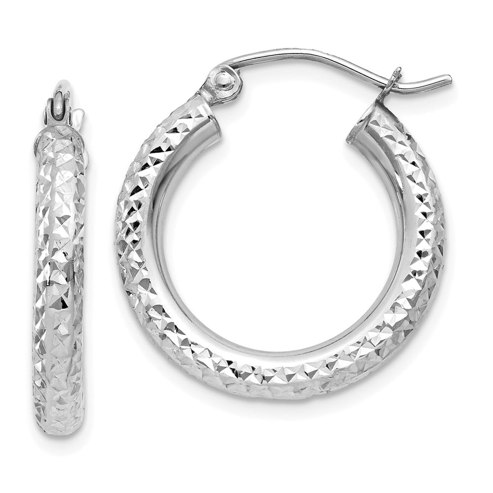 FB Jewels Solid 14K White Gold Diamond-Cut Hoop Earrings