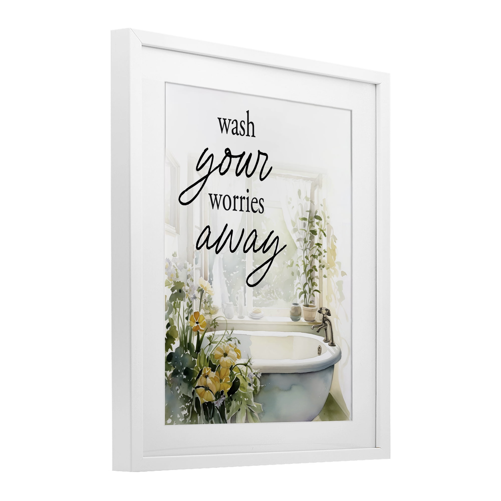 Wash Worries Away Sunlit Bath White Framed Print Under Glass, design by Lettered and Lined