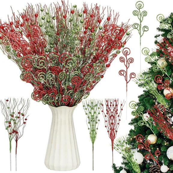 Triani 32Pcs Glitter Christmas Tree Picks 17" Fake Glitter Curly Christmas Picks Sprays Ornaments Christmas Candy Picks Decorative for Vase Fillers DIY Wreath Crafts(Green, Red)