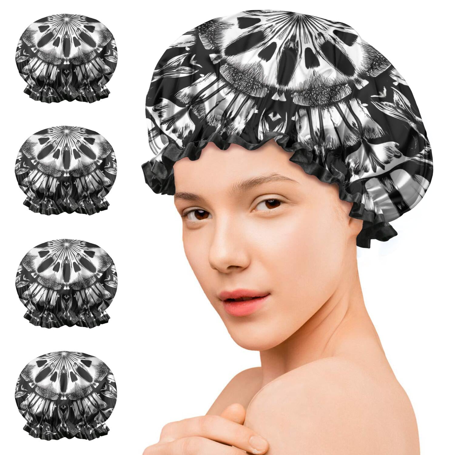 Shower Caps,Black White Tie Dye Mandala Pattern Waterproof Shower Cap for Women 4 Pieces,Double Reusable Hair Cover for Shower PEVA Elastic Stretch Hem